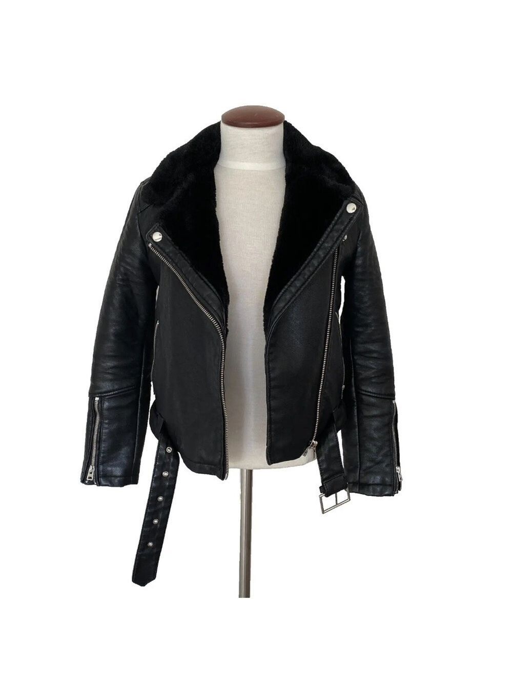 Topshop Vegan Leather Faux Fur Trim Moto Jacket Black Womens US 4 Petite
